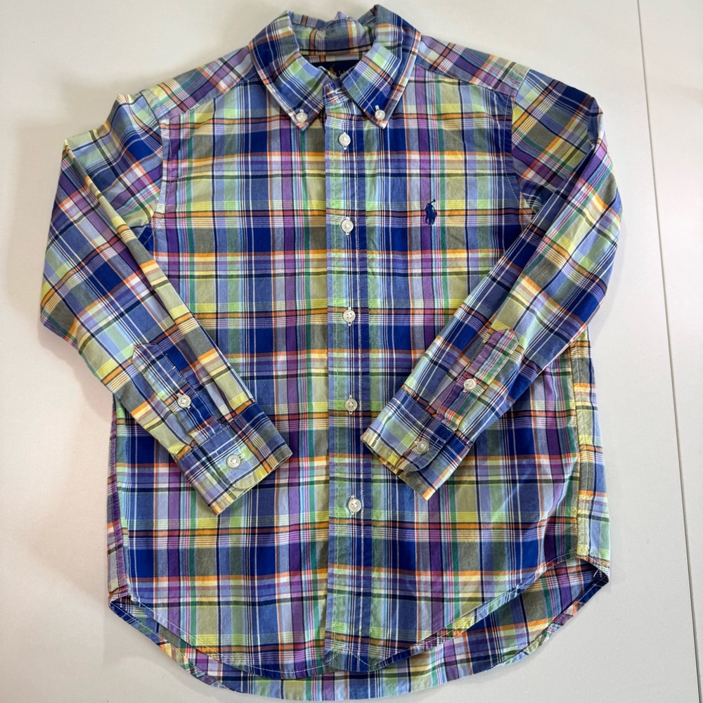 Ralph Lauren Little Boys Size 5 Button Front Cotton Collared Shirt Blue Plaid